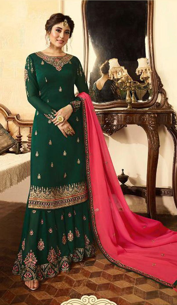 Green Color Satin Georgette Straight Cut Party Wear Sharara Suit - 434953207