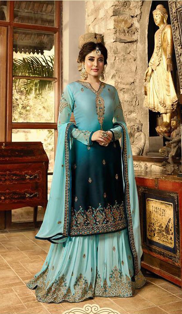 Sky Blue Color Satin Georgette Straight Cut Party Wear Sharara Suit - 434953209