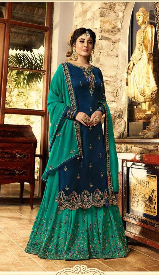 Blue Color Satin Georgette Straight Cut Party Wear Sharara Suit - 434953210