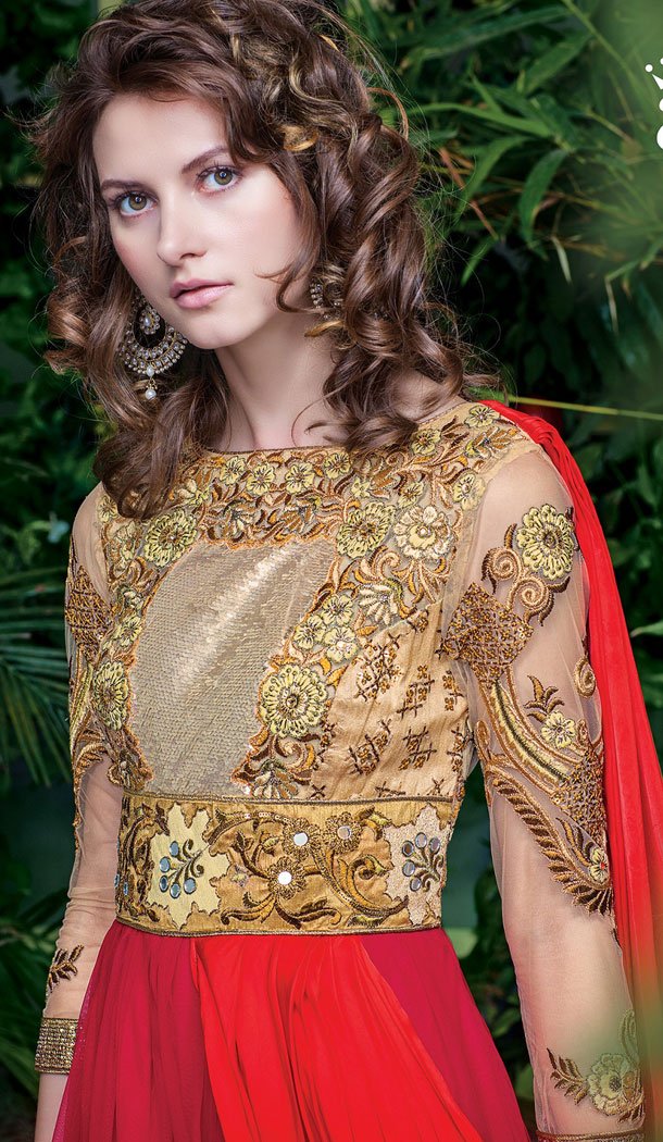 Gold and Red Color Shaded Net Designer Wear Gown Dress - 442053959