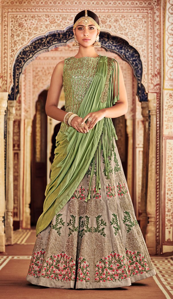 Tan Color Bansi Silk Designer Wear Bridel Lehenega Choli - 443954277