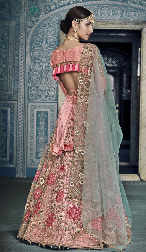 Pink Color Net Designer Wear Bridel Lehenega Choli - 443954279