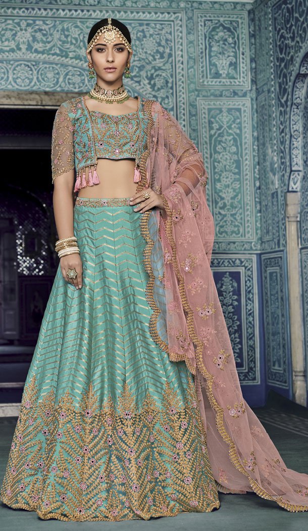 Aqua Color Silkkrd Net Designer Wear Bridel Lehenega Choli - 443954280
