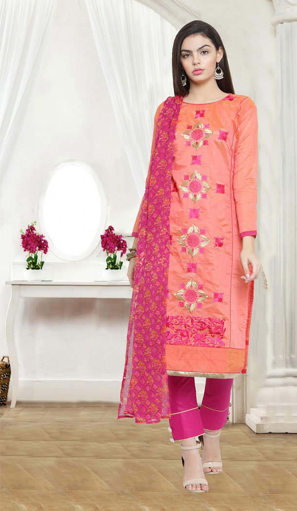 Peach Color Chanderi Cotton Casual Wear Salwar Kameez - 434753178