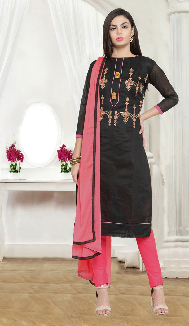 Black Color Chanderi Cotton Casual Wear Salwar Kameez - 434753195