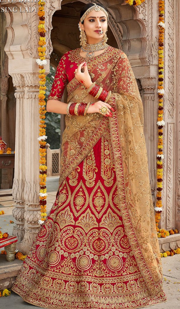 Red Color Silk Heavy Bridal Wedding Wear Lehenga Choli - 443754261