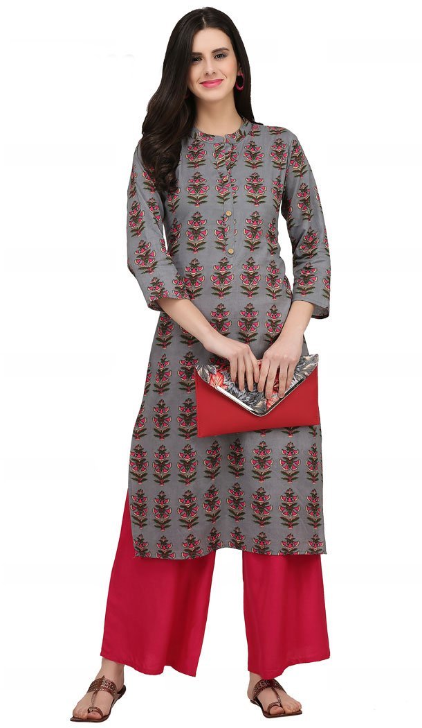 Charming Grey Color Cotton Casual Wear Readymade Printed Kurti - 444254318