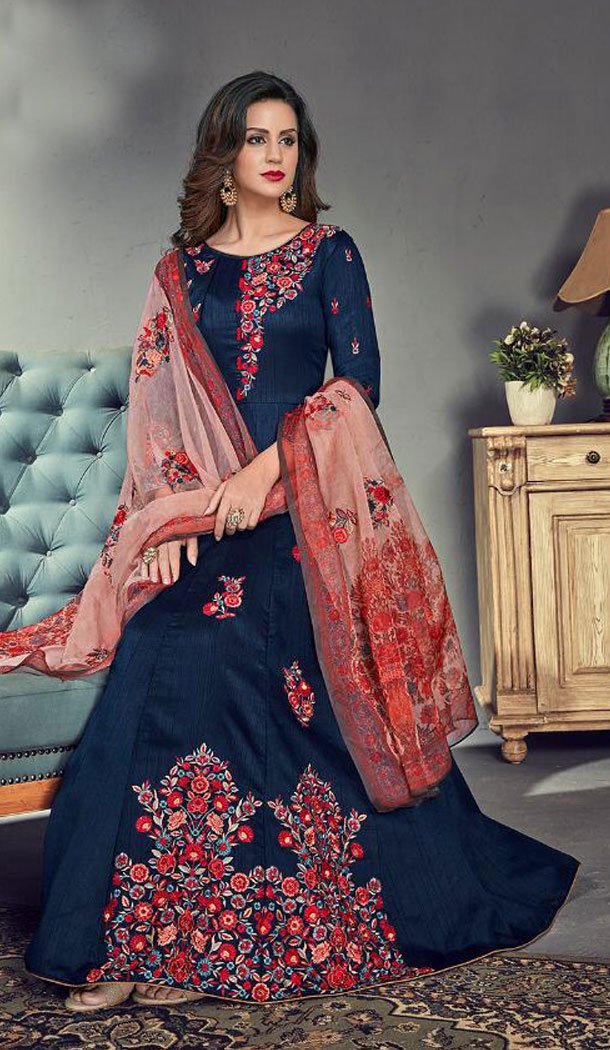 Navy Blue Color Tussar Silk Designer Abaya Style Gown Dress - 445254523