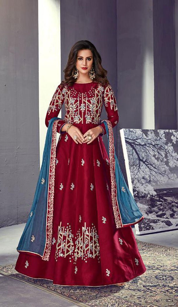 Maroon Color Star Silk Designer Abaya Style Gown Dress - 445254525