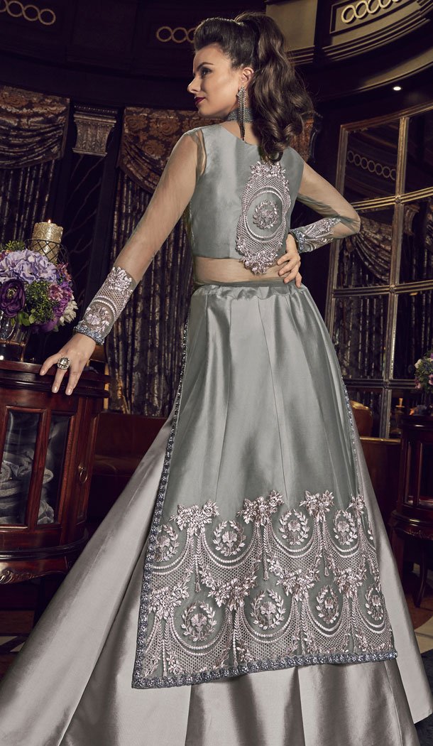 Silver Color Premium Net Designer Knee Length Salwar Kameez - 445654550