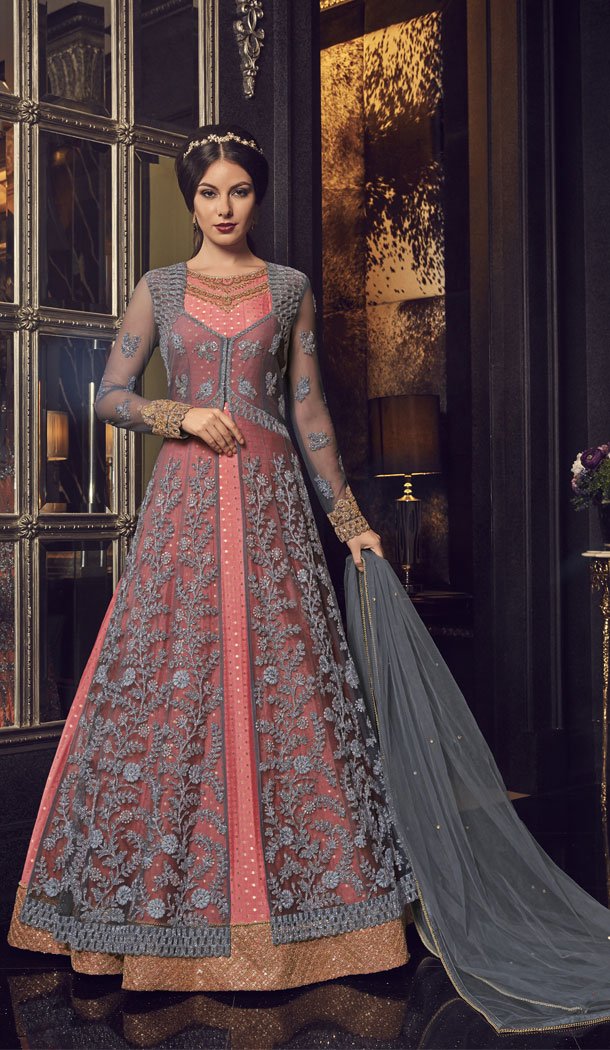 Peach Color Premium Net Designer Knee Length Salwar Kameez - 445654557