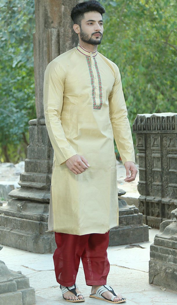 Light Chiku Color Silk Eid Wear Readymade Men Kurta Payjama - 445854569