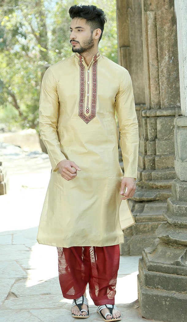 Light Chiku Color Silk Eid Wear Readymade Men Kurta Payjama - 445854571