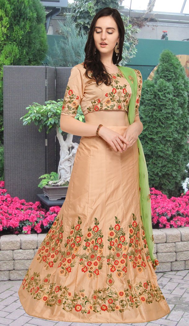 Cream Color Silk Party Wear Girl Lehenga Choli - 448654827