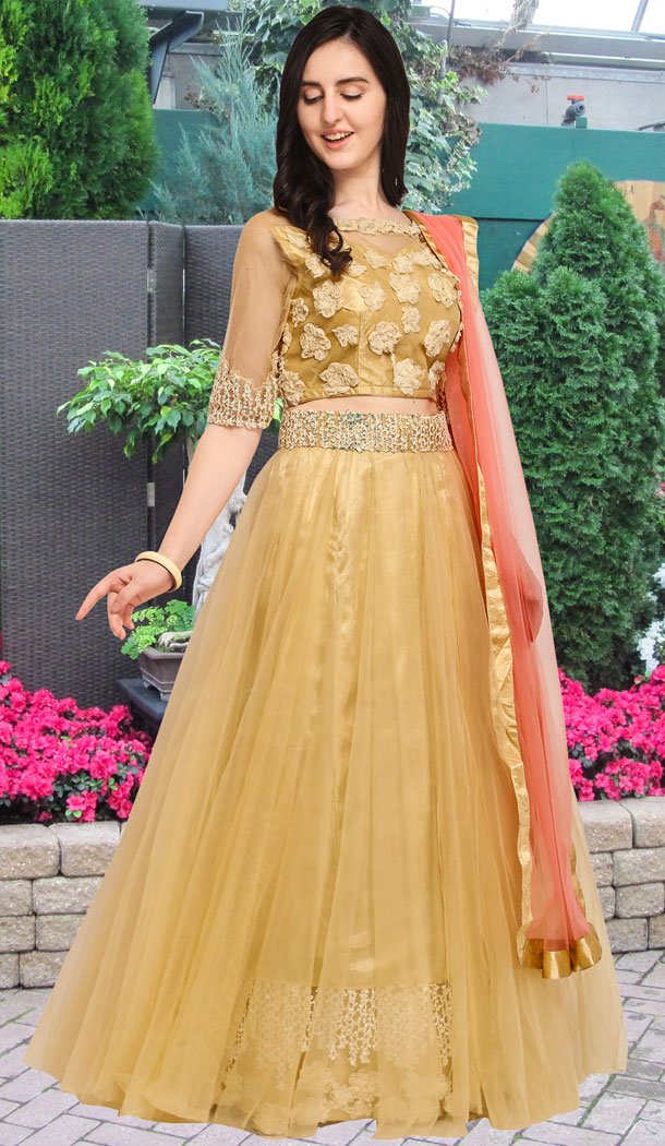 Golden Color Net Party Wear Girl Lehenga Choli - 448654847