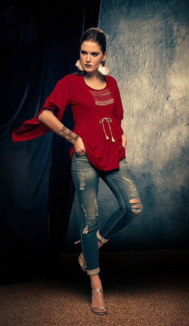 Red Color Rayon Fancy Casual Wear Readymade Short Top - 445454535