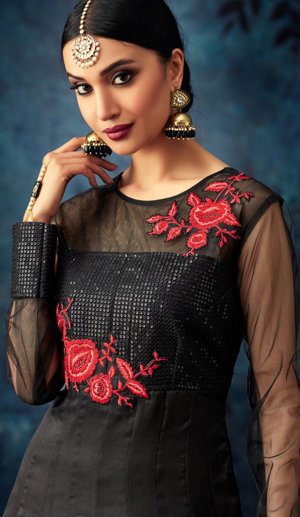 Black Color Organza Silk Eid Pakistani Anarkali Salwar Kameez - 453155581
