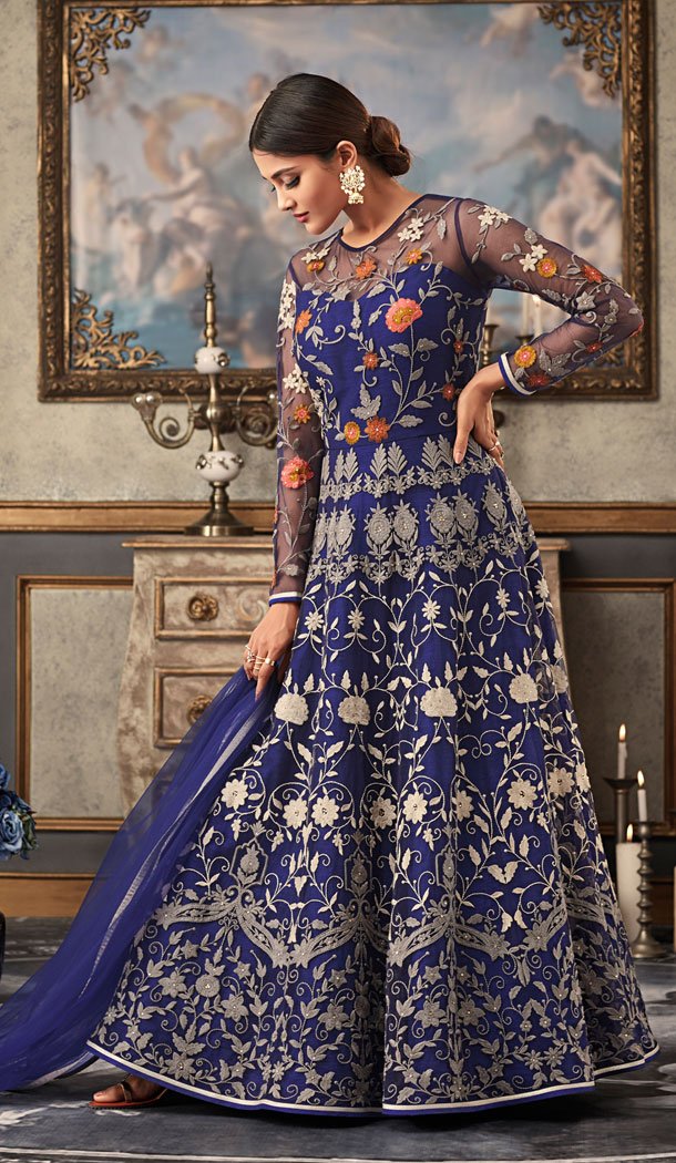Blue Color Net Eid Special Pakistani Knee Length Salwar Kameez - 454855805