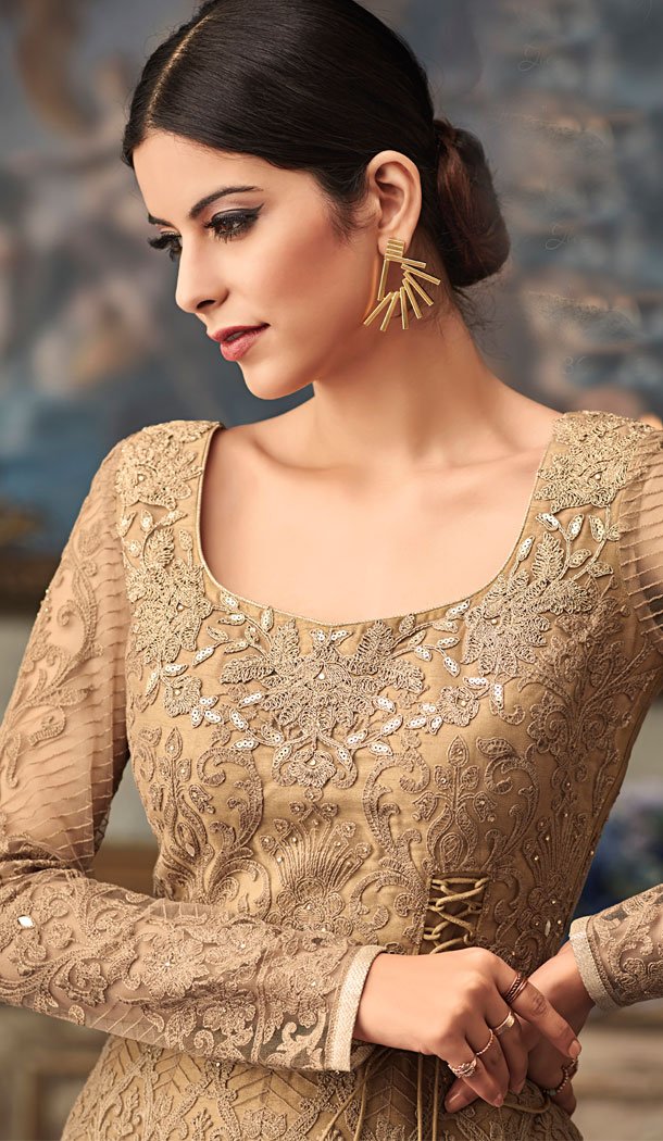 Beige Color Net Eid Special Pakistani Knee Length Salwar Kameez - 454855811