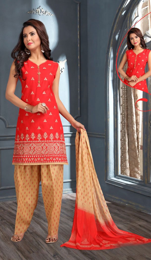 Red Color Cotton Party Wear Readymade Salwar Kameez - 455855931