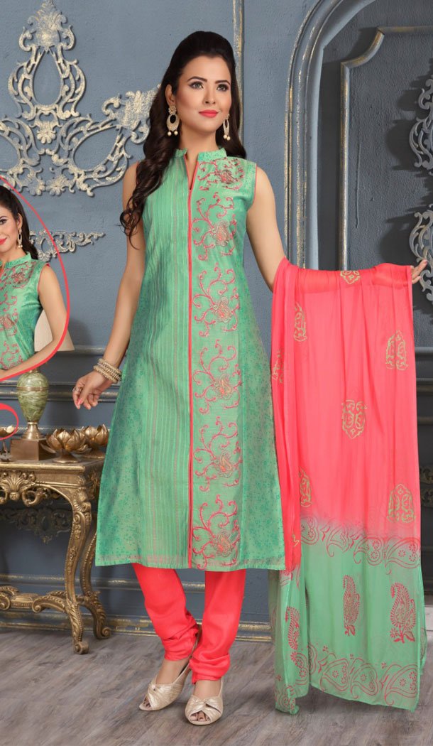 Green Color Chanderi Silk Party Wear Readymade Salwar Kameez - 455855949