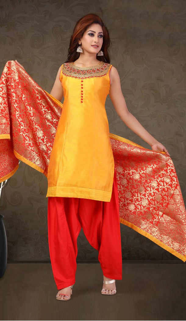 Orange Color Chanderi Silk Party Wear Readymade Salwar Kameez - 455855960