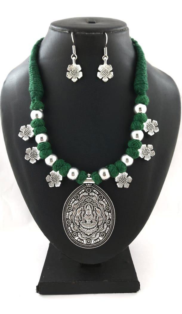 Creative Oxidized German Silver Thread Neck Less Set With Earring - 454155717