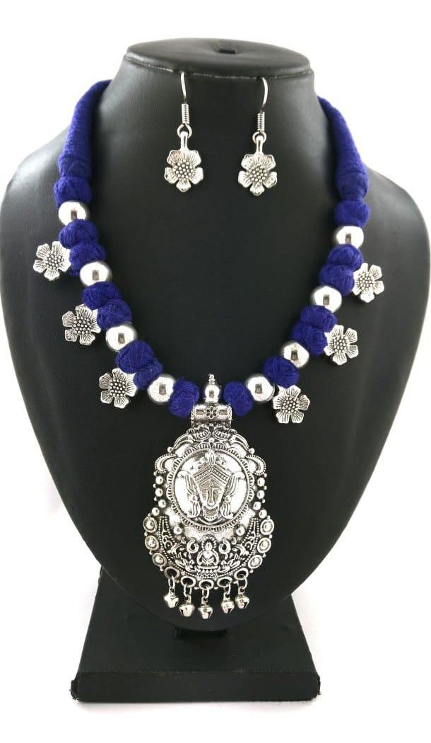 Amazing Oxidized German Silver Thread Neck Less Set With Earring - 454155718