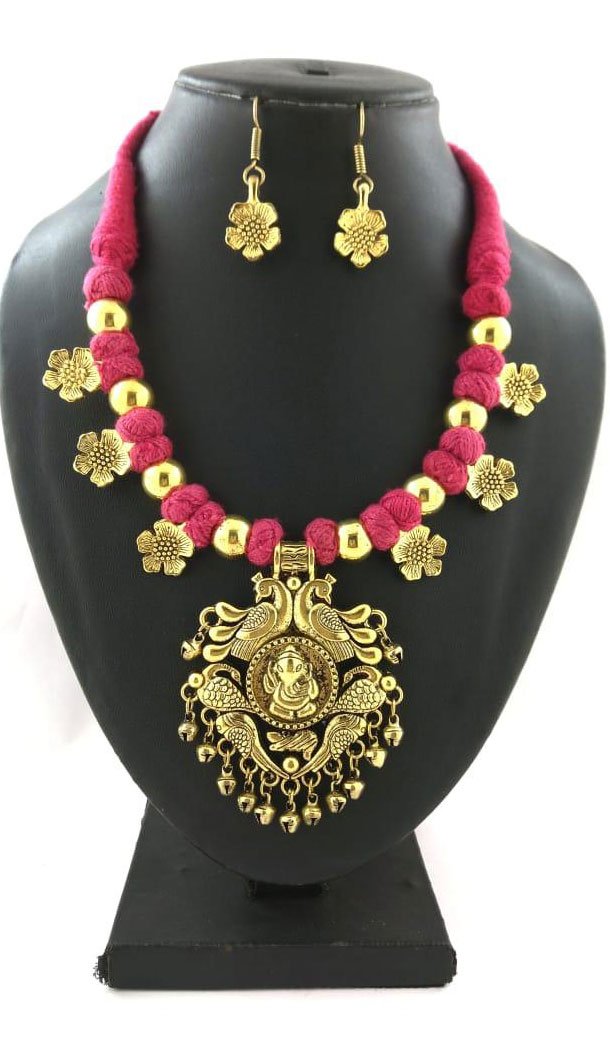 Incredible Oxidized German Silver Thread Neck Less Set With Earring - 454155724