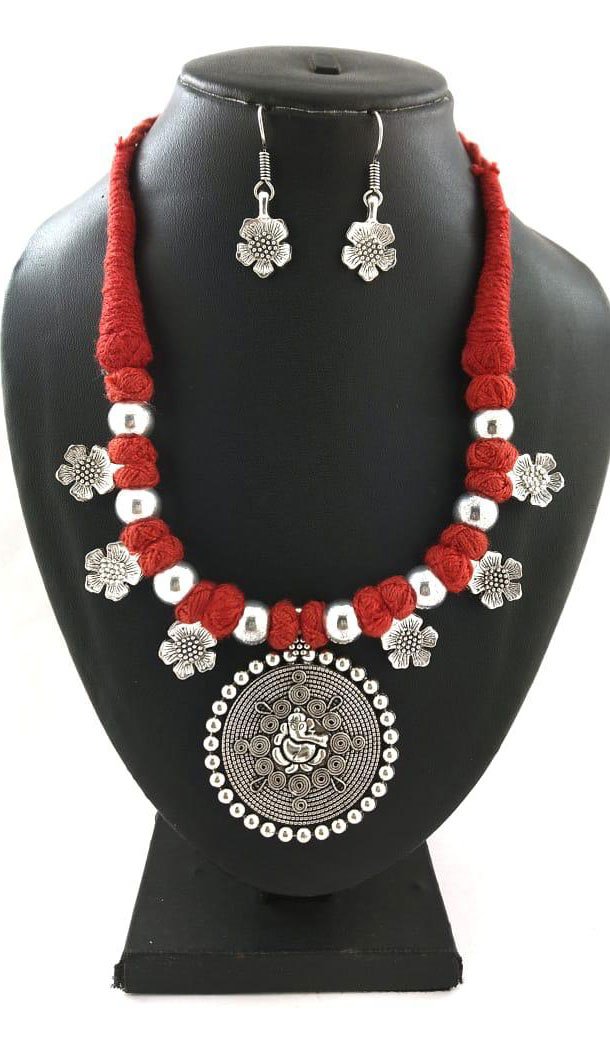 Oxidized German Silver Thread Neck Less Set With Earring - 454155733