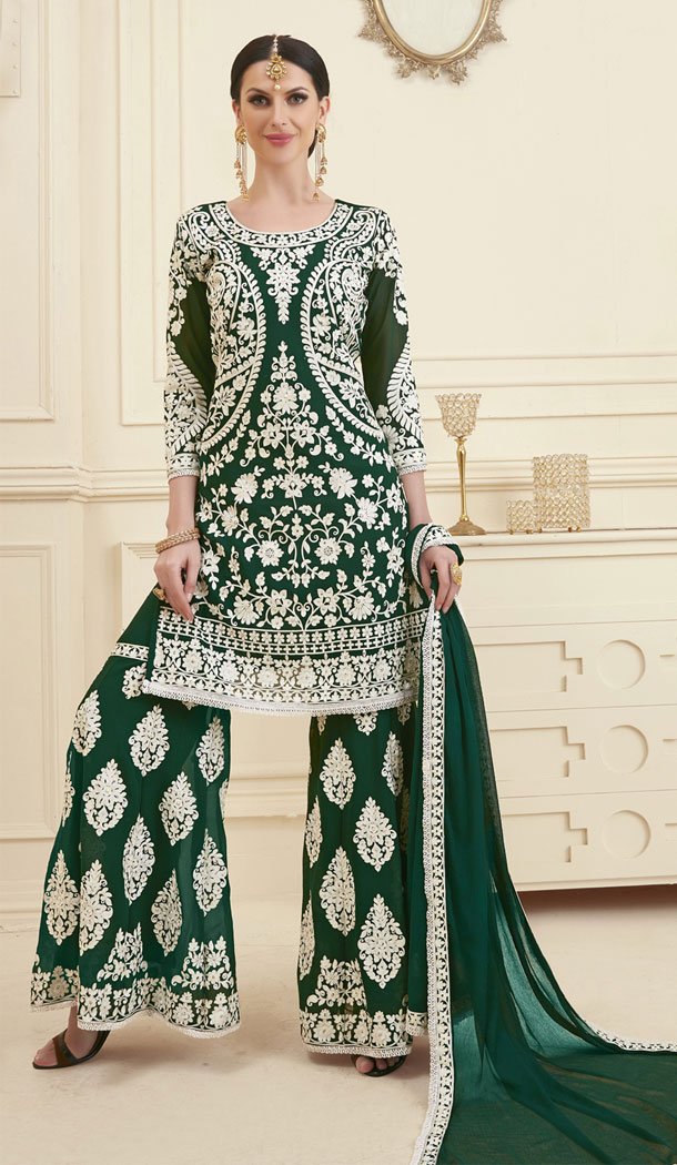 Green Color Georgette Eid Wear Pakitani Palazzo Suit - 453355590