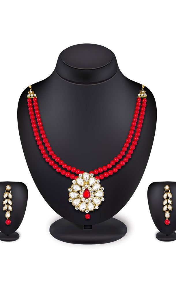 Red Color Moti Pendant Necklace Jewellery Set