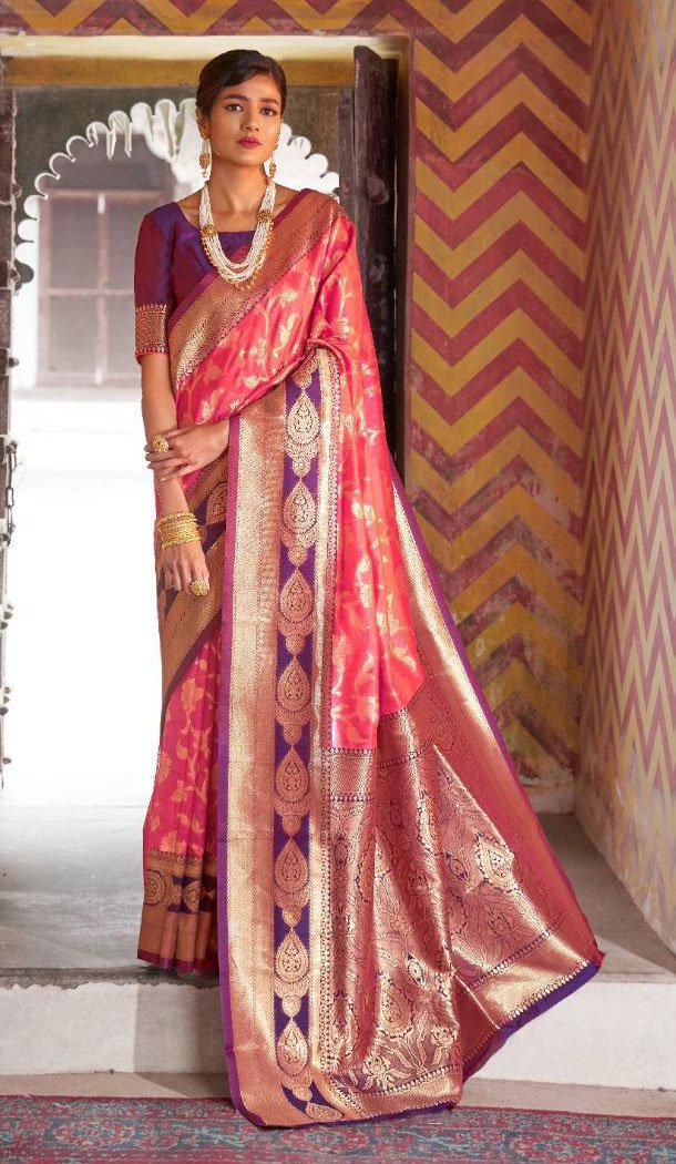 Pink Color Jacquard Crystal Chaap Contrast Pallu Saree - 462857026