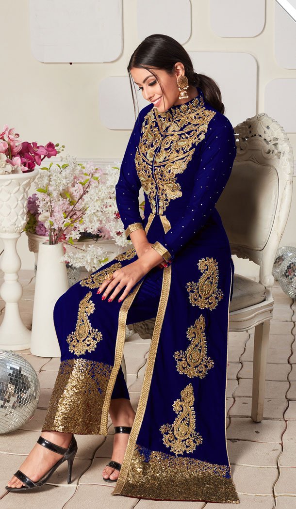 Navy Blue Color Faux Georgette Eid Wear Salwar Kameez With Koti - 464657239