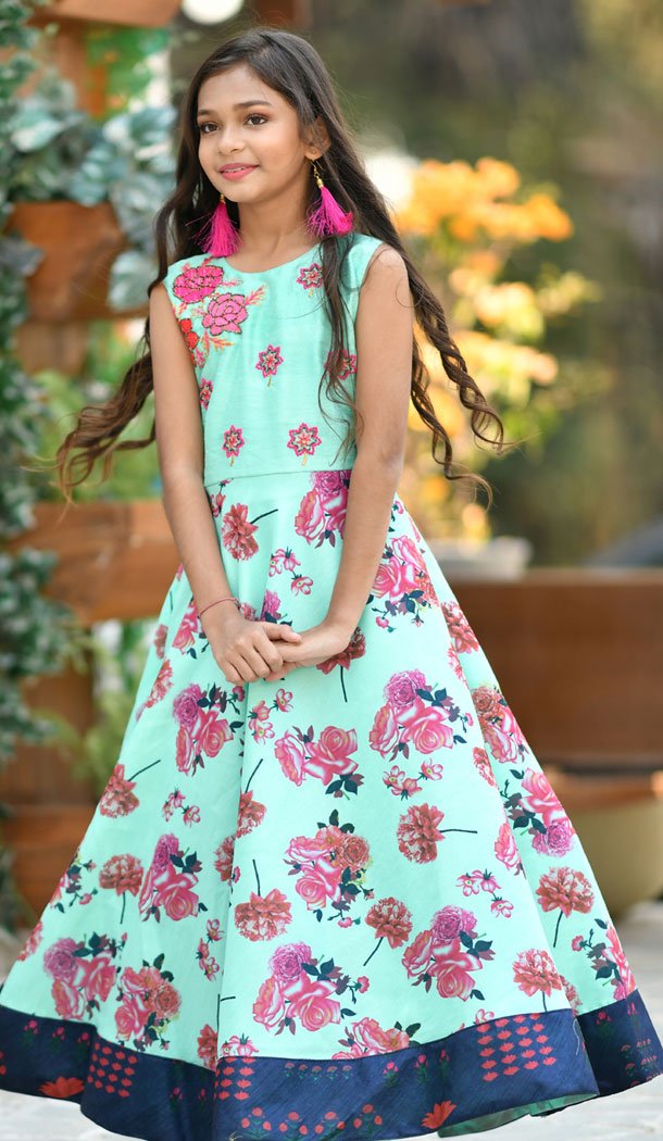 Aqua Color Silk Party Wear Crop Top Readymade Kid Girl Gown - 466457457