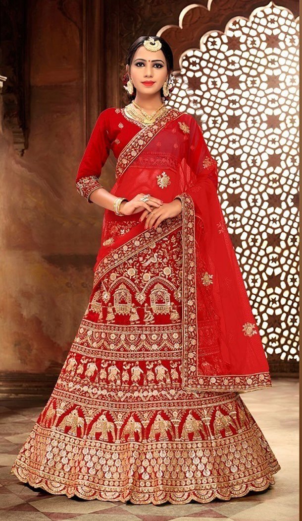 Red Color Satin Silk Designer Wear Plus Size Lehenga Choli - 464157181