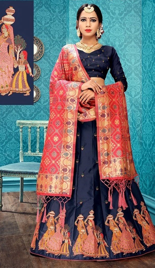 Navy Blue Color Satin Silk Designer Wear Plus Size Lehenga Choli - 464157186