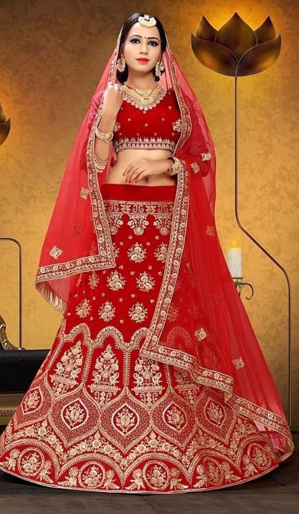 Red Color Satin Silk Designer Wear Plus Size Lehenga Choli - 464157187