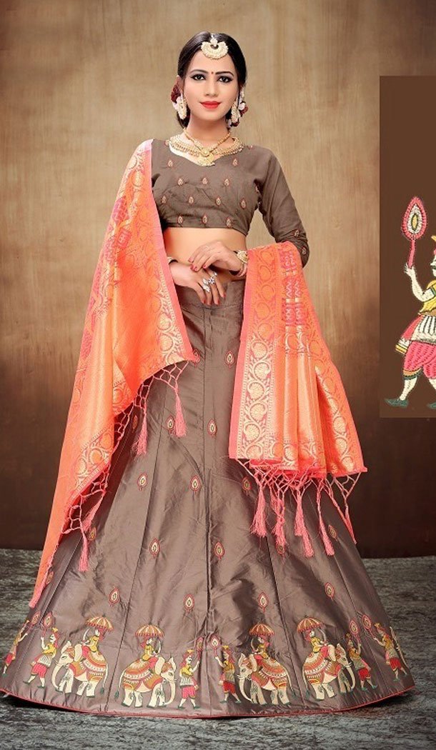 Tan Color Satin Silk Designer Wear Plus Size Lehenga Choli - 464157190