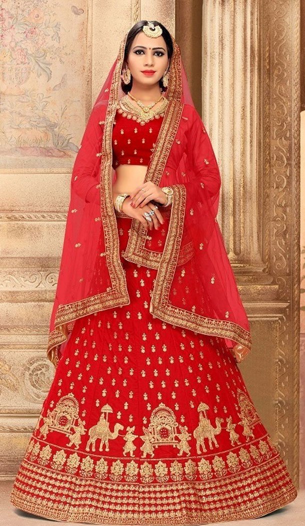 Red Color Satin Silk Designer Wear Plus Size Lehenga Choli - 464157191