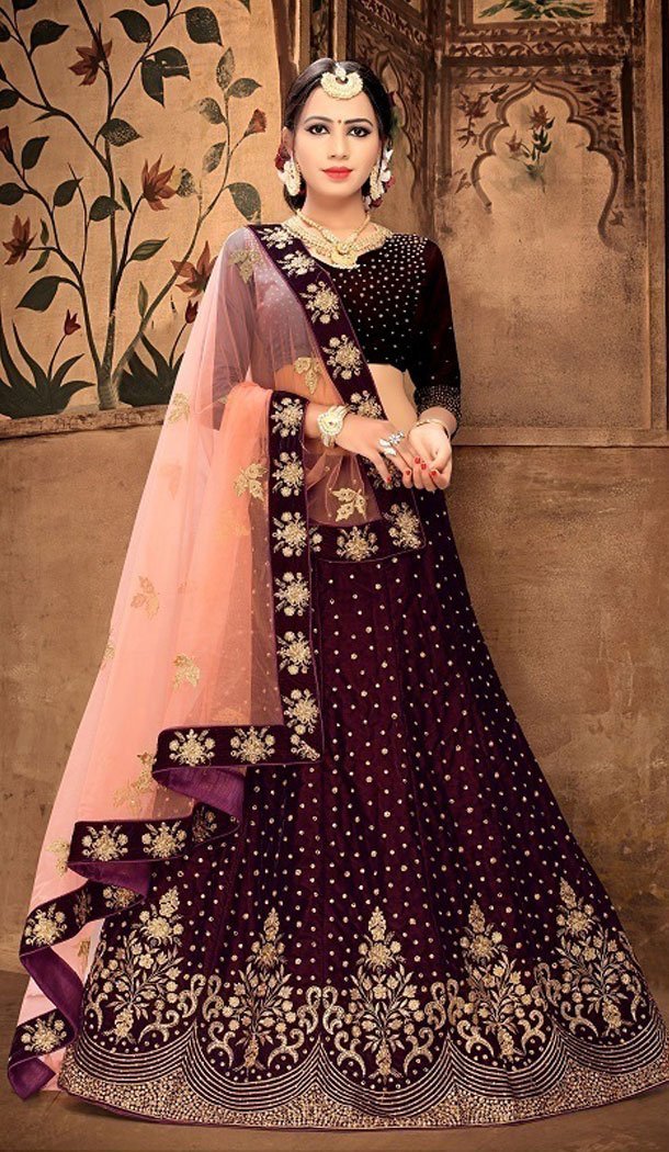 Wine Color Satin Silk Designer Wear Plus Size Lehenga Choli - 464157193