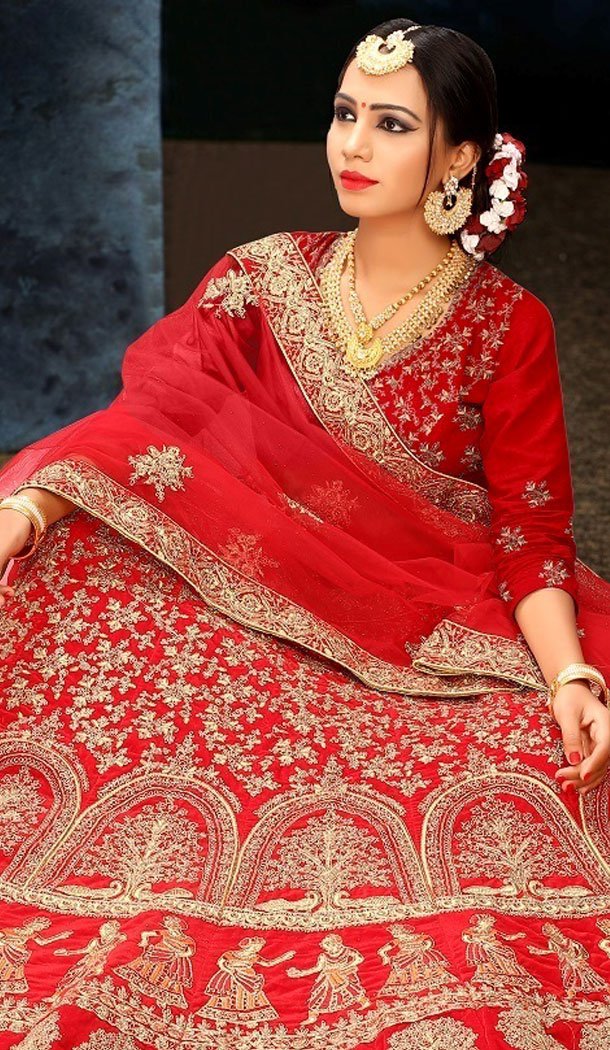 Red Color Satin Silk Designer Wear Plus Size Lehenga Choli - 464157197