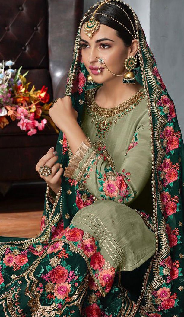 Khaki Green Color Foux Georgette Eid Special Sharara Salwar Suit - 465657314