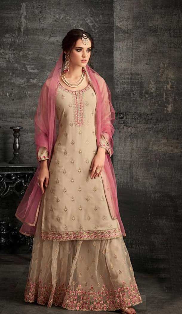 Beige Color Georgette Pakitani Palazzo Salwar Suit - 470857996