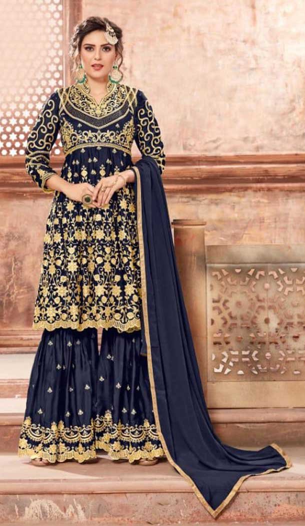 Navy Blue Color Satin Georgette Eid Special Pakitani Sharara Salwar Suit - 471558073