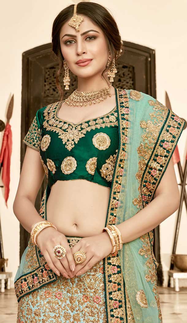 Aqua Green Color Pure Heavy Silk Wedding Special Lehenga Choli - 472358142