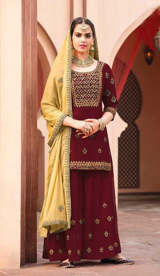 Maroon Color Georgette Pakistani Palazzo Suit - 472258134