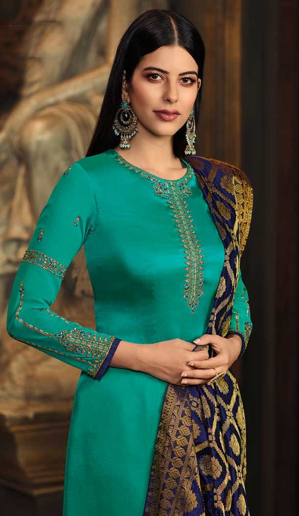 Aqua Green Color Satin Georgette Casual Wear Salwar Kameez - 476358521