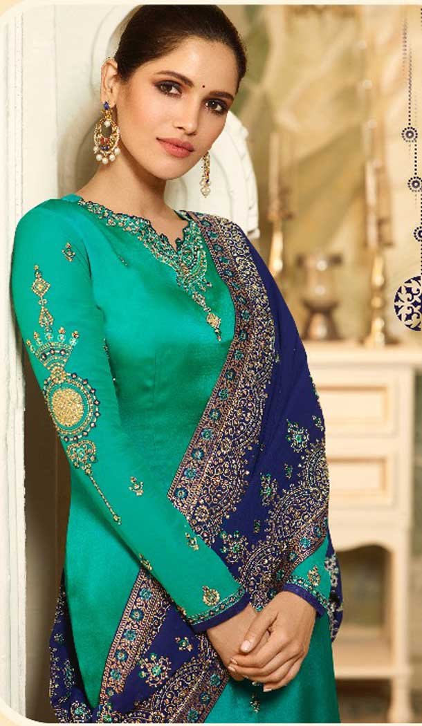 Aqua Green Color Satin Georgette Evening Wear Salwar Kameez - 476458524