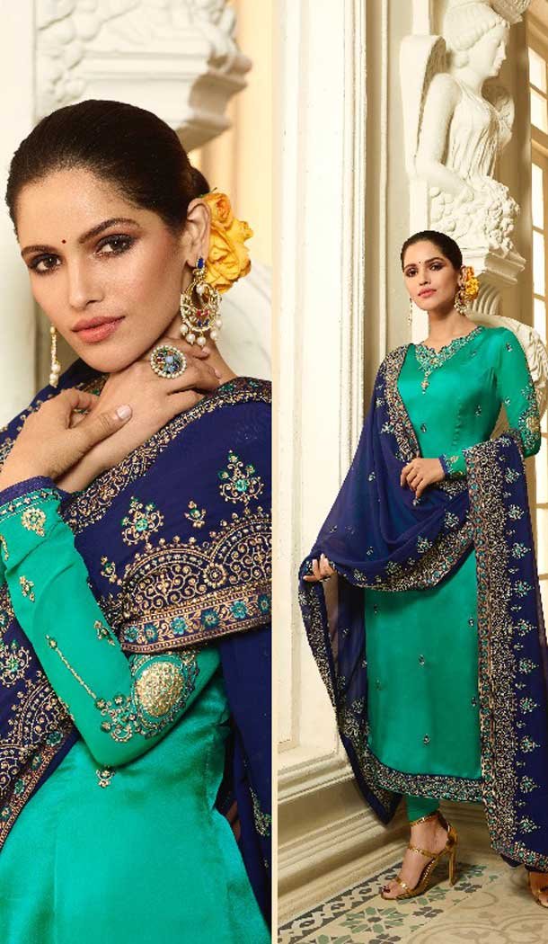 Aqua Green Color Satin Georgette Evening Wear Salwar Kameez - 476458524